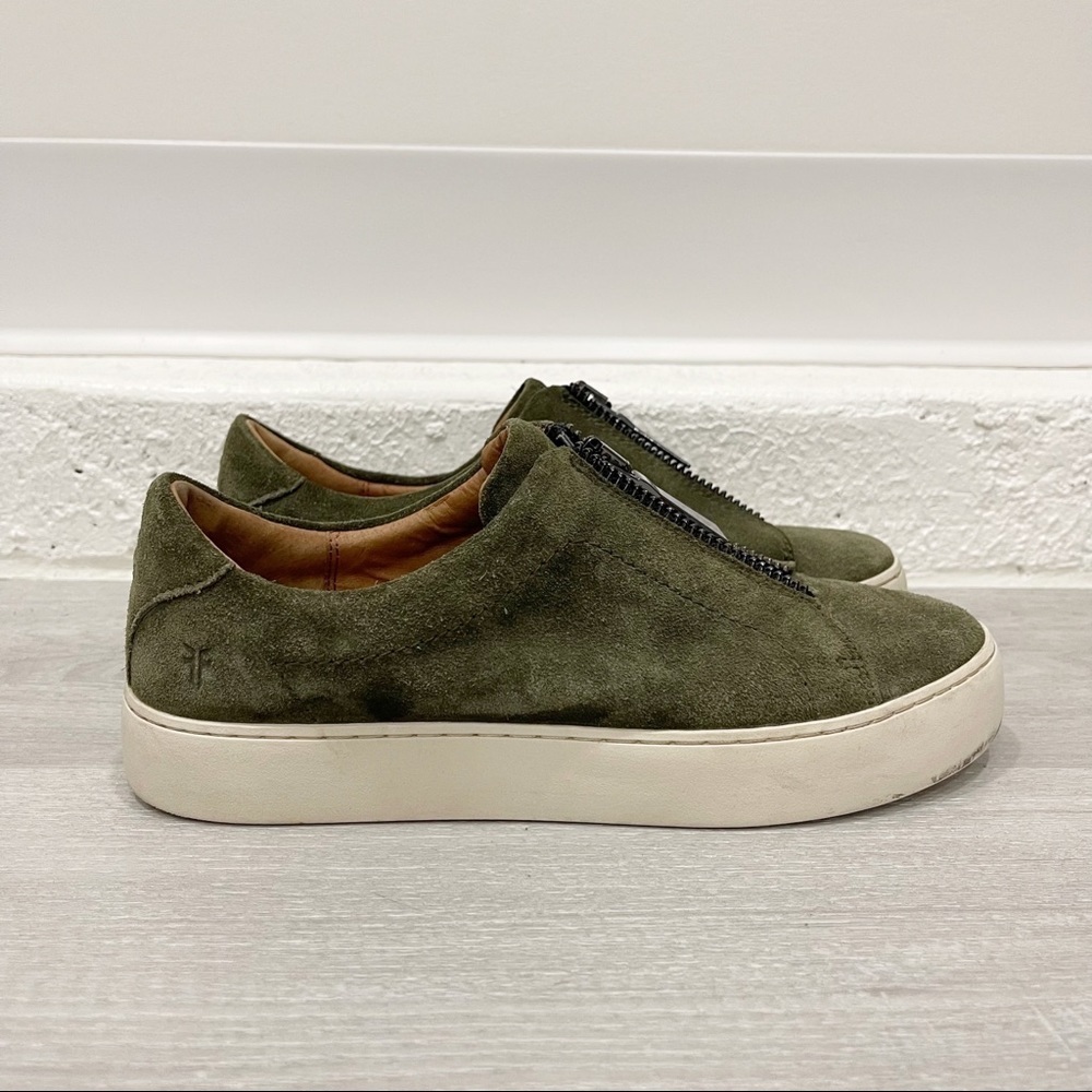 Frye Lena Slip-On Low Top Sneakers Green Suede Zip Front Platform Size 7